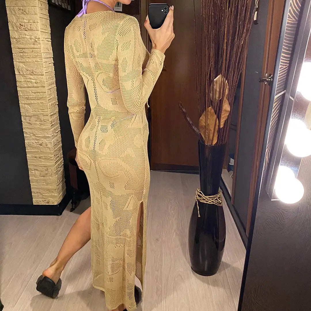 Deep V Dress Lace Up Long Sleeve Women Split Maxi Dress Crochet Knitted Tunic Mesh Sheer Sexy Bodycon Long Dress Vestido V4146B - Lootquake