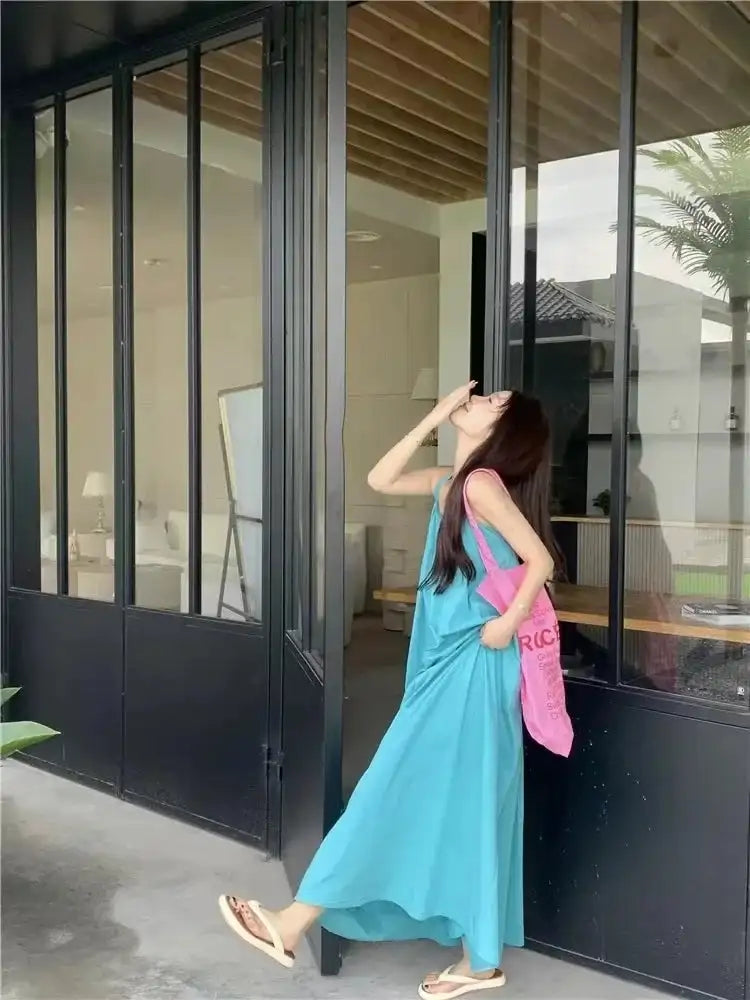 Summer Vacation Dress Thailand Style Open-back Halter Neck Age-reducing Photography Beach Long Dress Belted - Lootquake