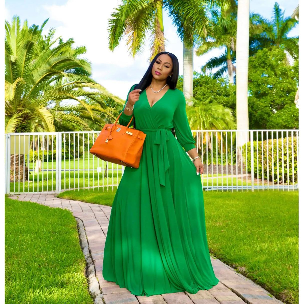 CM.YAYA Elegant Women Wraped V-neck Long Sleeve with Sashes Maxi Long Dress Chic INS Sexy Party Prom Big Swing Pink Dresses - Lootquake