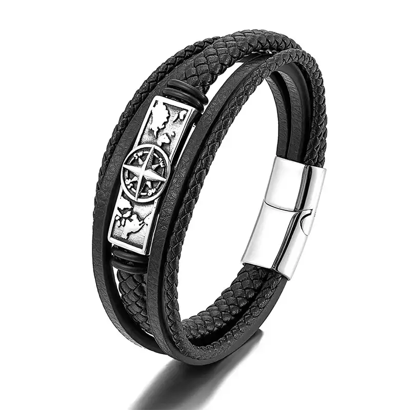 MKENDN Viking Style Compass Norse Runes Amulet Men MultiLayer Leather Stainless Steel Bracelet Norse Mythology Jewelry - Lootquake