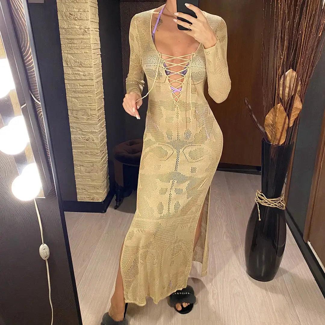 Deep V Dress Lace Up Long Sleeve Women Split Maxi Dress Crochet Knitted Tunic Mesh Sheer Sexy Bodycon Long Dress Vestido V4146B - Lootquake