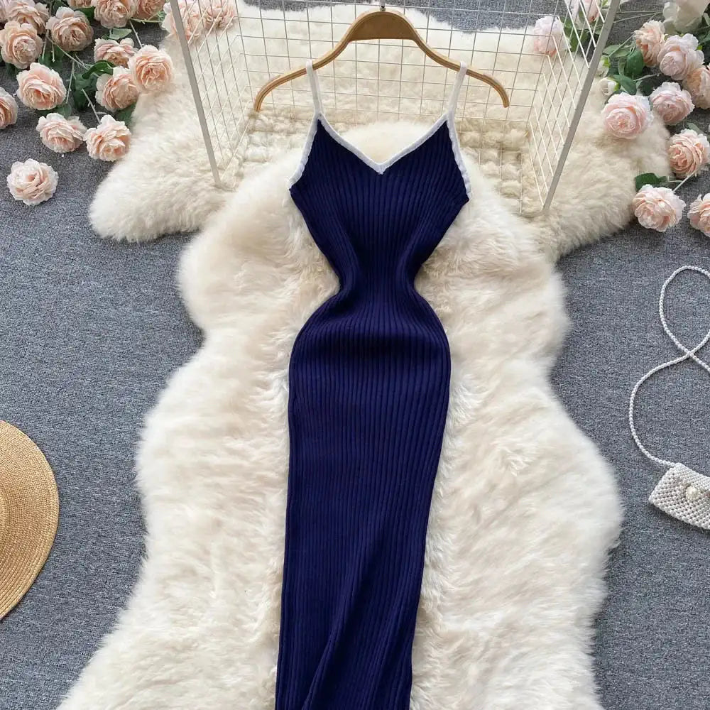 Summer V Neck Knit Sexy Strap Dress Women Elatic Waist Bodycon Sundress Female Beach Backless Maxi Long Dress - Lootquake