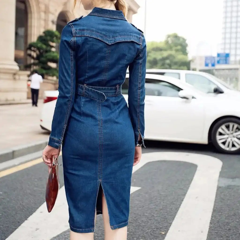 Vintage Button Up Jeans Dress Women Blue Lapel Denim Vestidos Winter Office Slim Long Sleeve Mid-Cuff Denim with Belt Long Dress - Lootquake