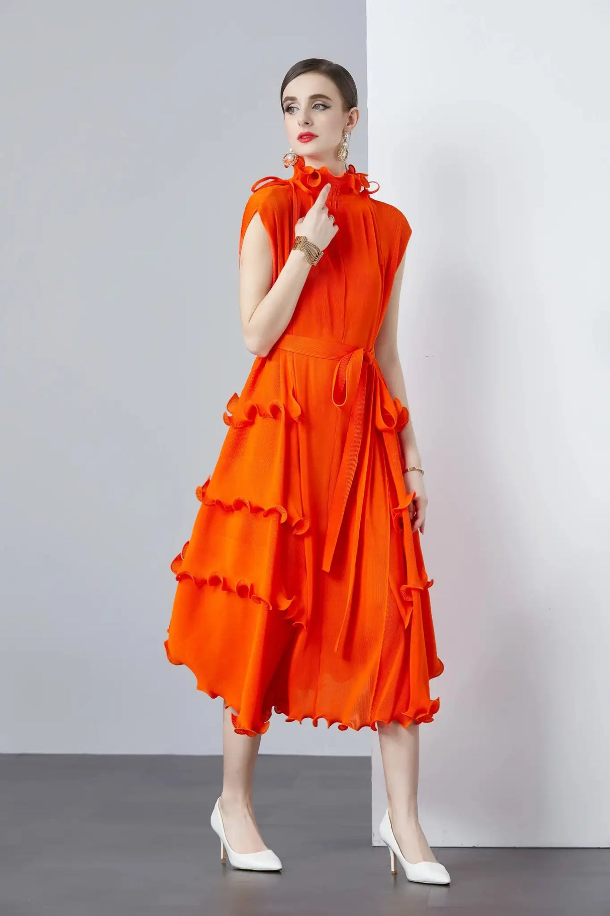 Miyake Pleated Shoulder Bag Heavy Industry Wood Ear Edge Pleated Lace-up Belt Long Dress Stand Collar Plus Size Women's Clothing