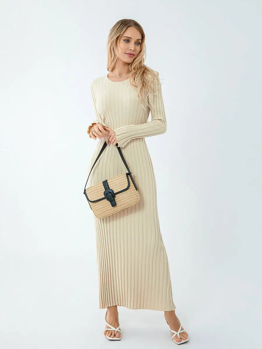 Women Spring Autumn Lace-up Knit Dress Elegant Long Sleeve Crew Neck Ribbed Solid Color Long Dress Streetwear - Lootquake