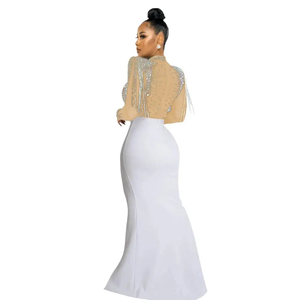 CM.YAYA Women Mesh See Through Long Sleeve Diamonds Hot Rhinestones Mermaid Long Dress Fall Evening Sexy Party Dresses Vestidos - Lootquake