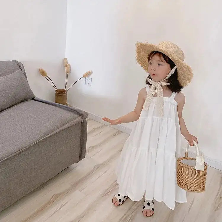 Girls Cotton Solid White Dress Ruffles Kids Strap Dress Summer Sleeveless Toddler Baby Long Dress Girl Clothes 1-6Y Kleid/robe - Lootquake