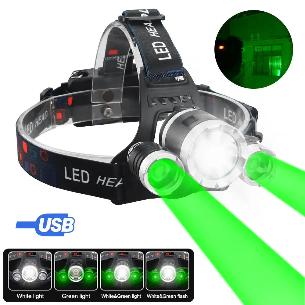 Headlamp Green/Red/UV395nm+White Dual Light Rechargeable Fixed Focus Waterproof 4Modes Headlight Hunting Camping Hiking Working - Lootquake