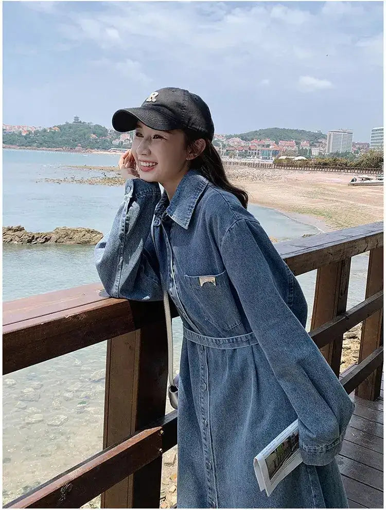 Denim Long Dress 2024 New Fashion Spring Autumn Korean Sweet Cargo LOOSE FIT Full Sleeve Girls Dress All-match - Lootquake