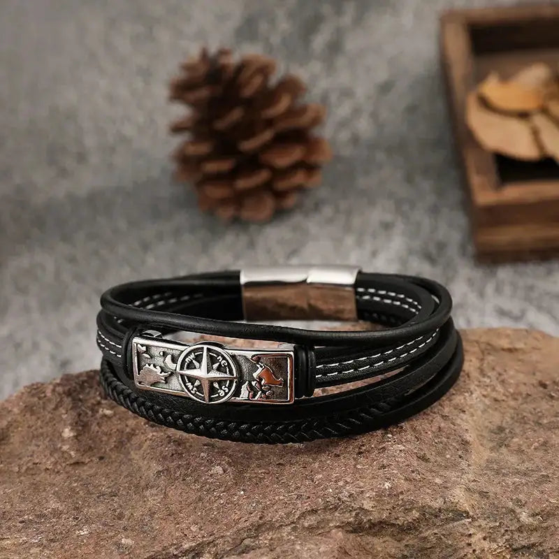 MKENDN Viking Style Compass Norse Runes Amulet Men MultiLayer Leather Stainless Steel Bracelet Norse Mythology Jewelry - Lootquake