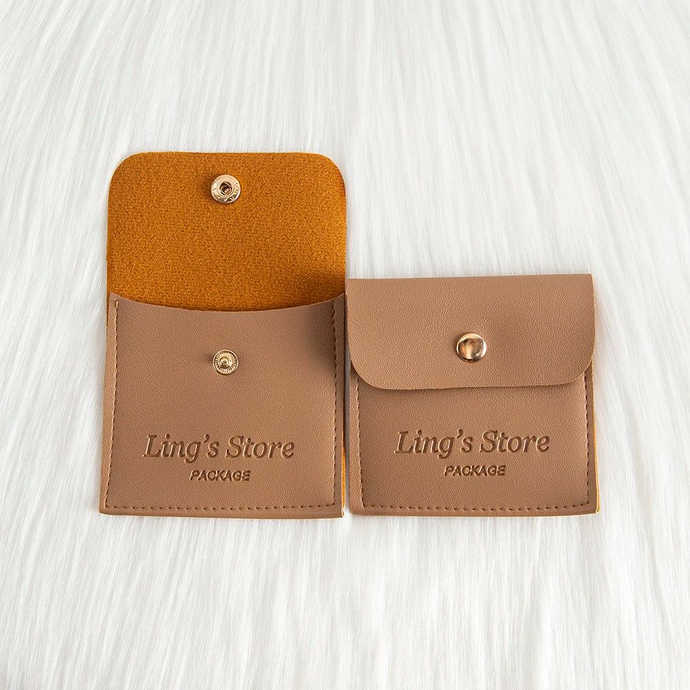 50/100Pcs Custom Logo 8x8cm PU Leather Jewelry Snap Bag Gold Button Pouches Ring Earring Necklace Wedding Favors Gift Organizer - Lootquake