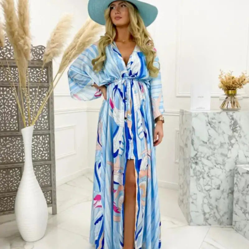 2023 Women Gorgeous Boho Print Maxi Beach Dress Summer Deep V Slit Elastic Waist Party Dress Elegant Holiday Long Dress Vestidos - Lootquake