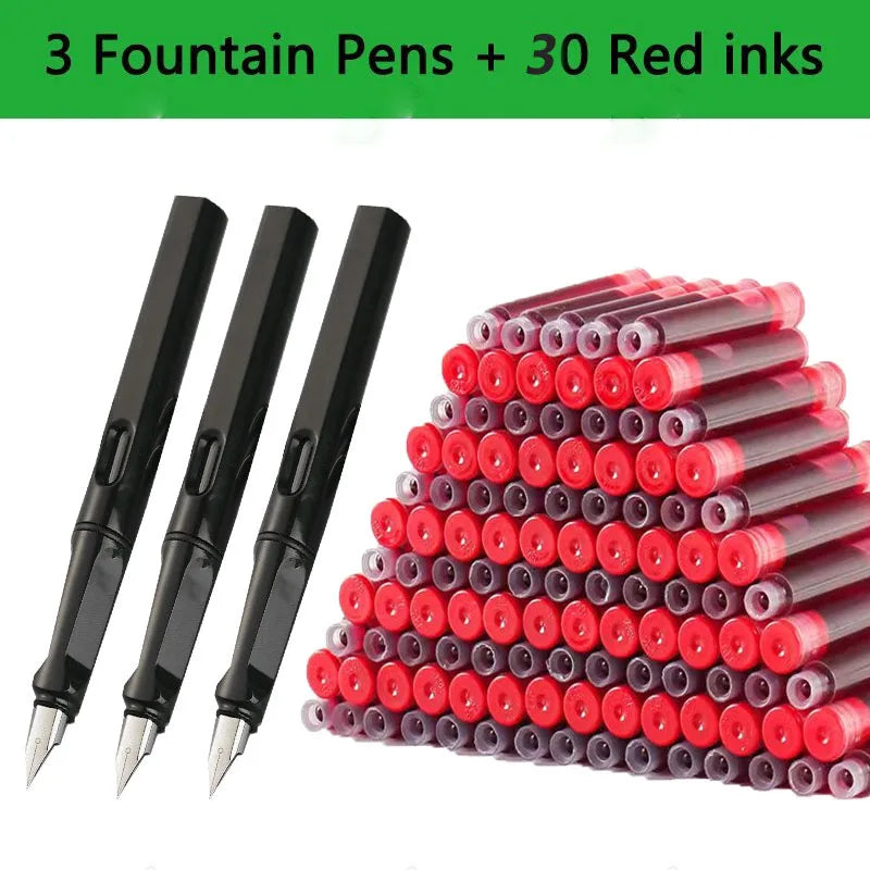 Juego de 33 plumas estilográficas Kawaii con tinta reemplazable, tinta negra, azul y roja EF de 0,38 mm, bolígrafos escolares, material de oficina, papelería para escribir.