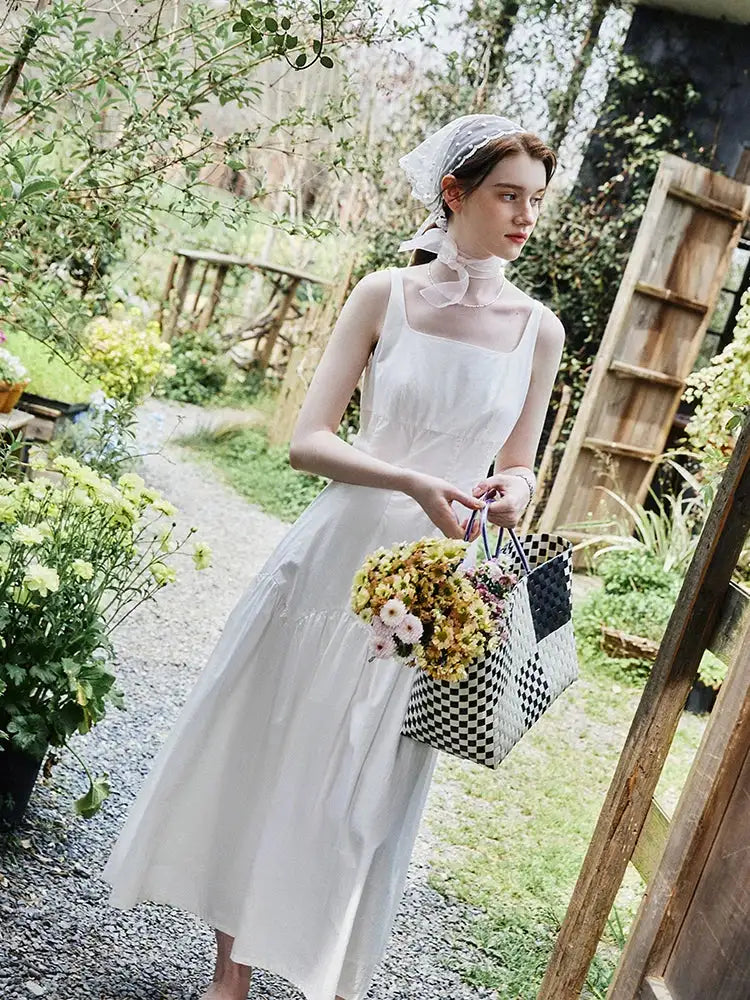 FSLE French White Suspender Long Dress 100% Cotton 2024 Summer New Loose Temperament Ankle-Length Female Dresses 24FS12048 - Lootquake