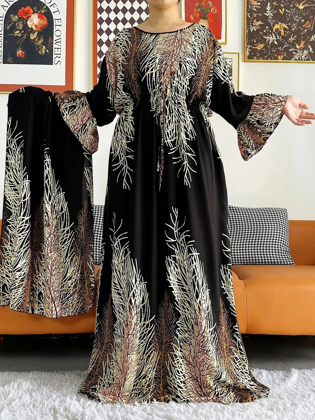 New Style African Dashiki Print Long Sleeve Loose Cotton Elegant Women Abaya Long Dress Summer Maxi Casual Dresses Vestidos