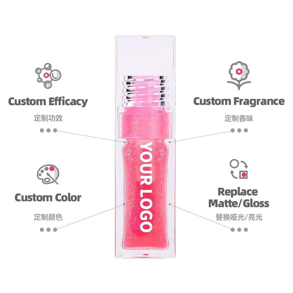 Gloss à lèvres transparent de marque privée, maquillage couleur, huile à lèvres repulpante, hydratant, waterproof, longue durée, cosmétiques personnalisés en vrac