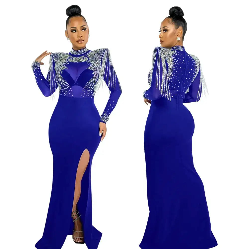 CM.YAYA Women Mesh See Through Long Sleeve Diamonds Hot Rhinestones Mermaid Long Dress Fall Evening Sexy Party Dresses Vestidos