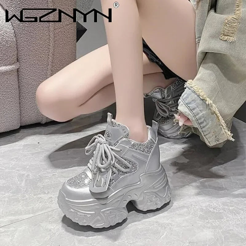 10.5CM Women Casual Platform Sneakers High Heels New Autumn Sports Leather Shoes Bling Trainers Chunky Sneaker Zapatos Mujer - Lootquake