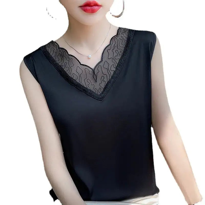 new woman clothing vest camis Tank top women's suit bottom lace lining 2024 summer new silk satin sleeveless top suspender vests - Lootquake