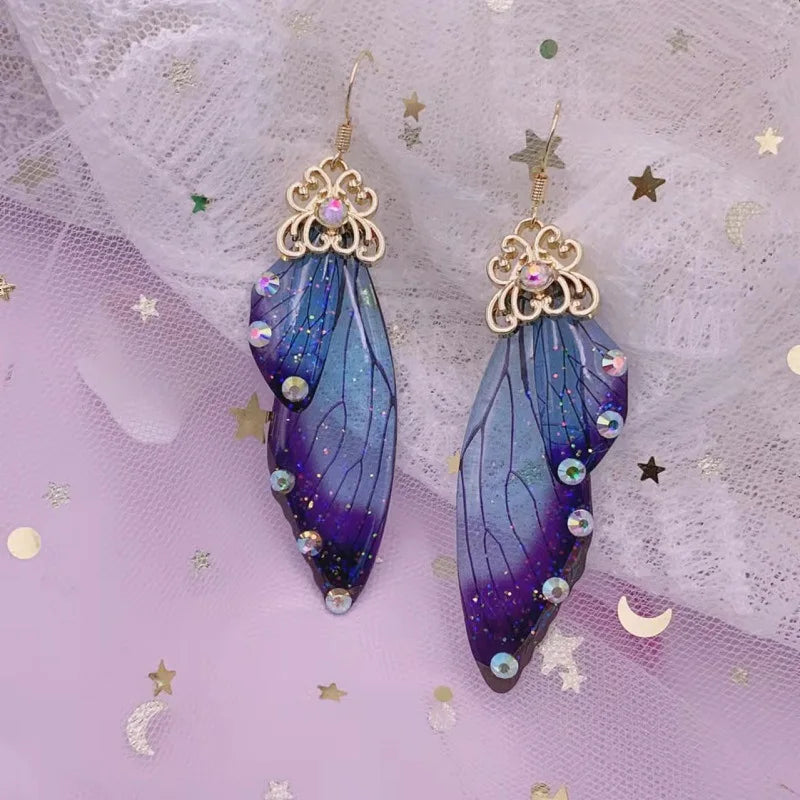 Boucles d'oreilles en forme d'ailes de fée faites à la main, en forme d'ailes de papillon, d'insectes, en forme de goutte, en feuille de strass, bijoux de mariée romantiques