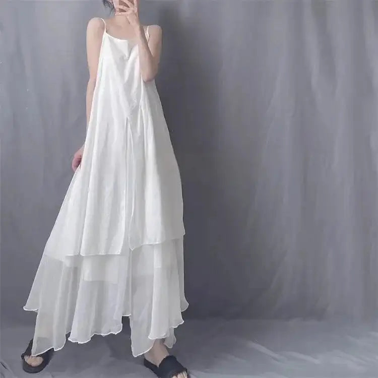 2024 Cotton Linen Women's Summer New Dress Artistic Range Medium Long Dress Sleeveless Tank Irregular Large Flounce - Lootquake
