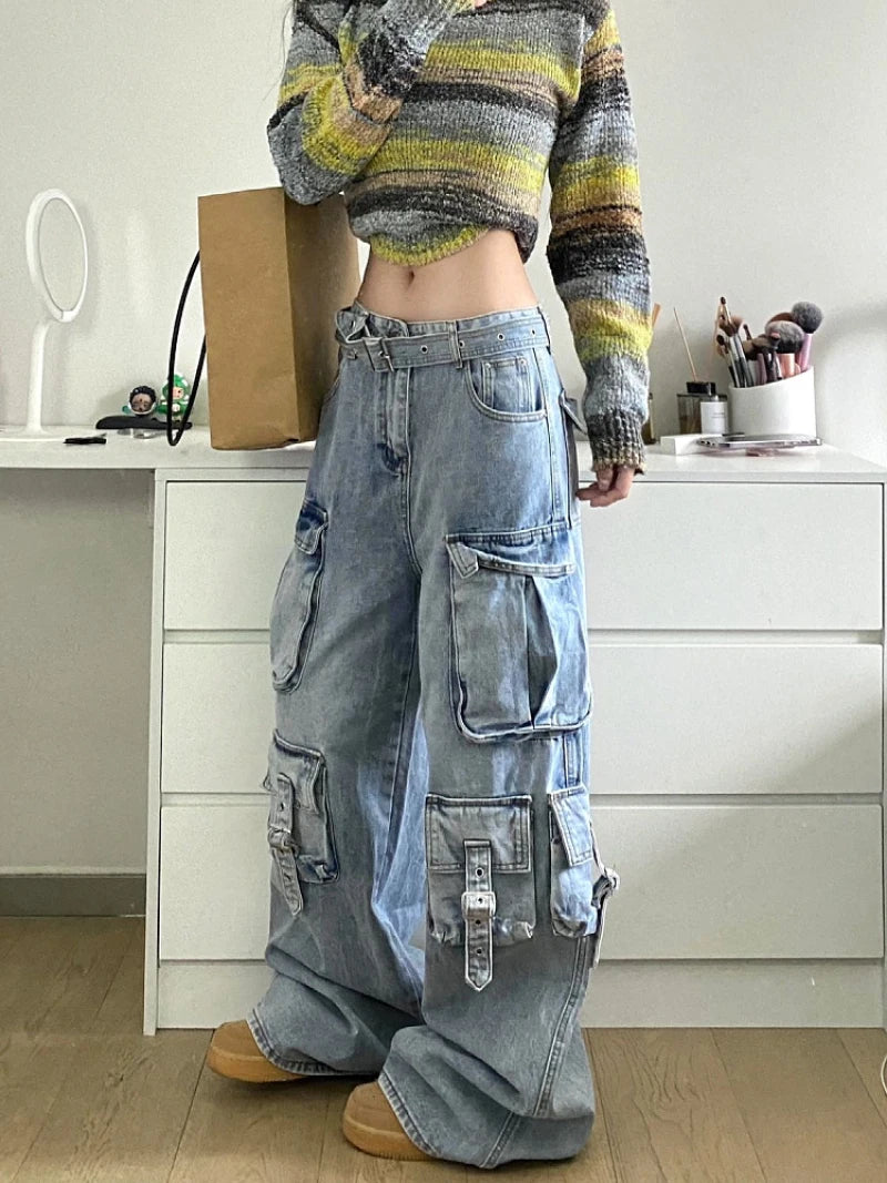 Autumn Winter New Ladies Cargo Jeans American Street Style Baggy Cargo Pants Women Blue Multi-pocket Wide Leg Jeans for Women - Lootquake