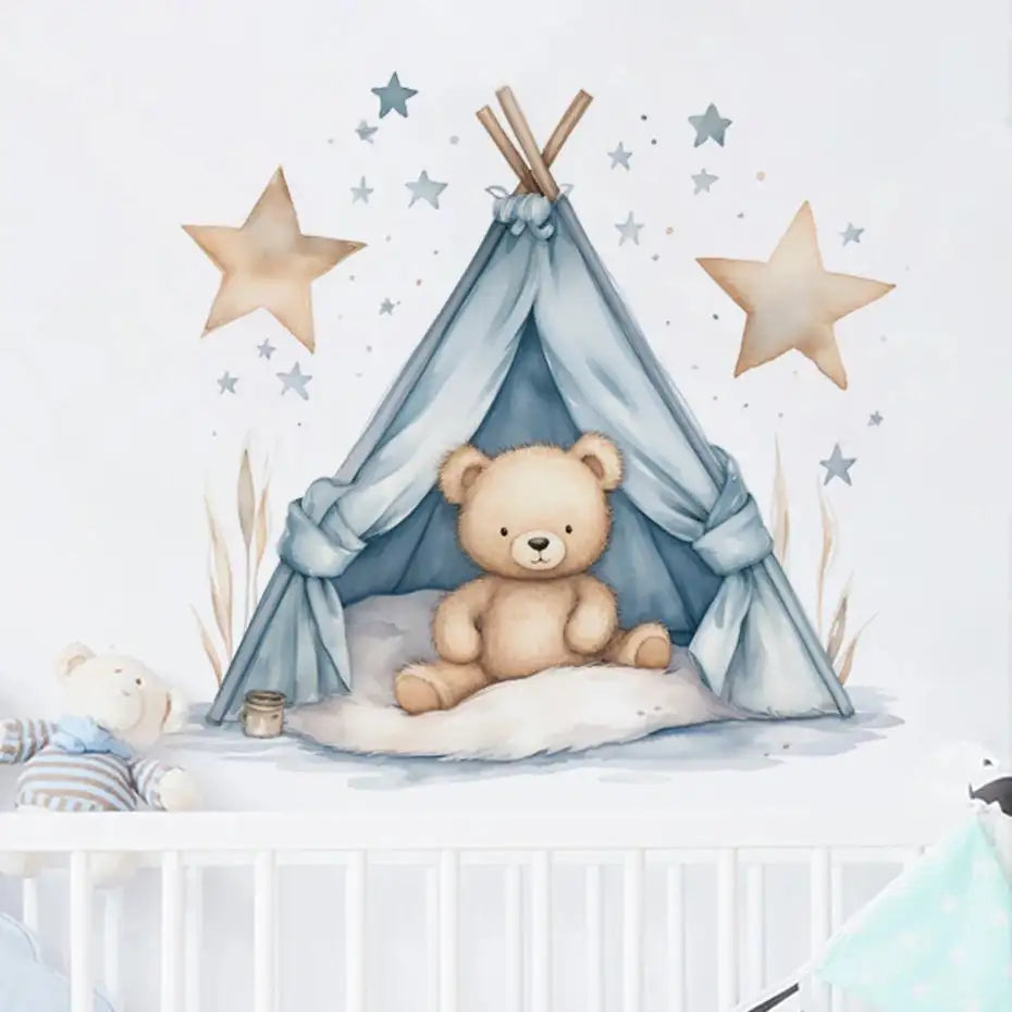 Cartoon Teddy Bear Tent Stars Wall Stickers for Kids Room Nursery Baby Room Decoration Wall Decals Room Interior - Lootquake
