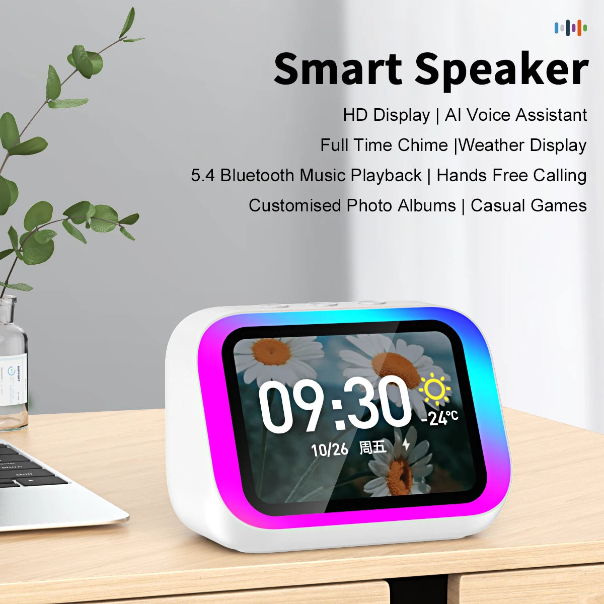 Traducteur Bluetooth intelligent, haut-parleur RGB, traduction en temps réel de 18 langues, haut-parleur Bluetooth 5.4 AI avec écran LCD, jeu, alarme