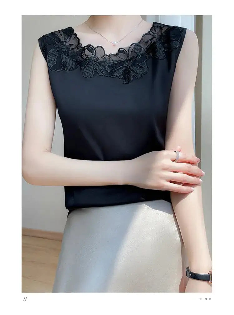 new woman clothing vest camis Tank top women's suit bottom lace lining 2024 summer new silk satin sleeveless top suspender vests - Lootquake