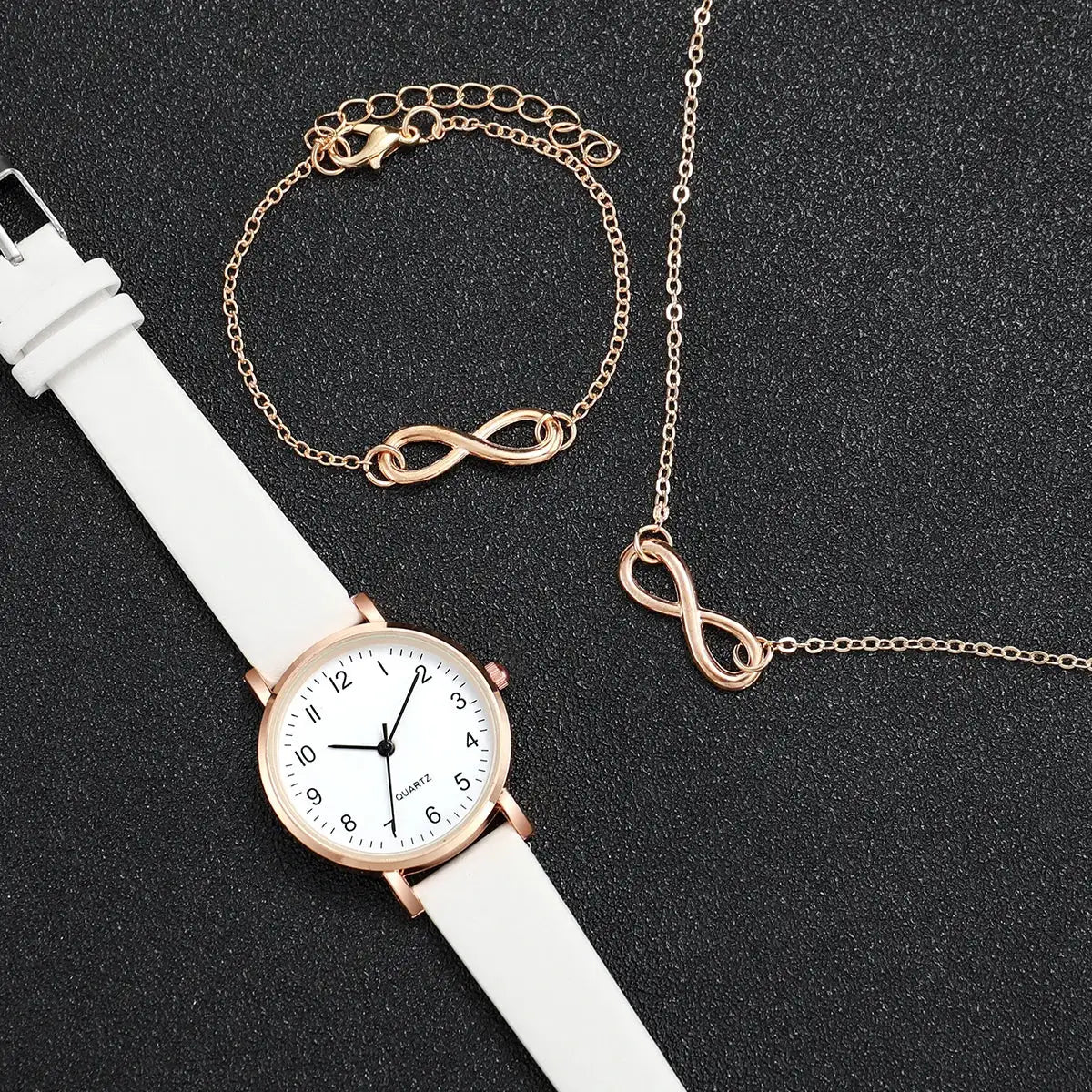 3pcs/set Women Leather Simple Quartz Watch with Number 8 Bracelet Necklace Set - Lootquake