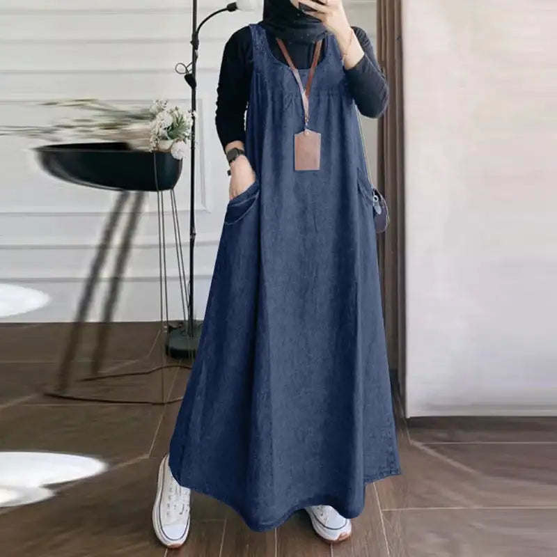 Summer Muslim Long Dress Abaya ZANZEA Women Vintage Sleeveless Denim Blue Maxi Vestidos Dubai Robe Casual Loose Ramadan Sundress - Lootquake