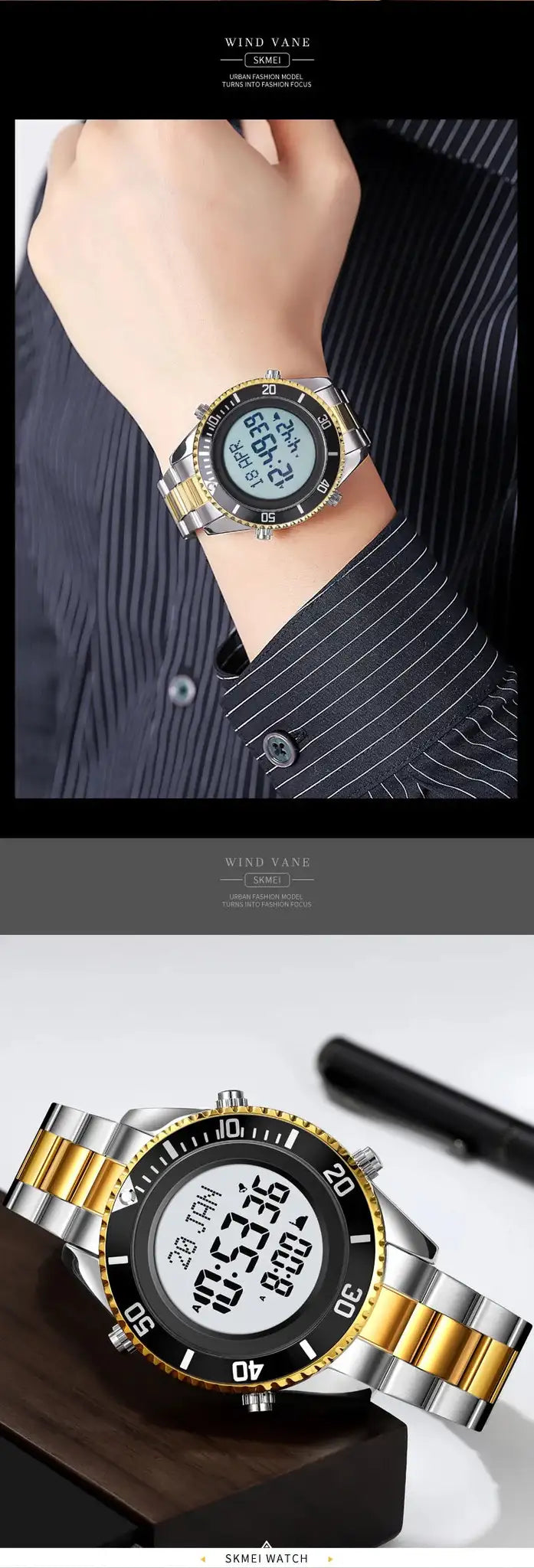 SKMEI 2141 Stainless Steel Digital Watche Muslim Azan Prayer Compass Clock Adhan Alarm Hijri Islamic Wristwatch with Back Light - Lootquake