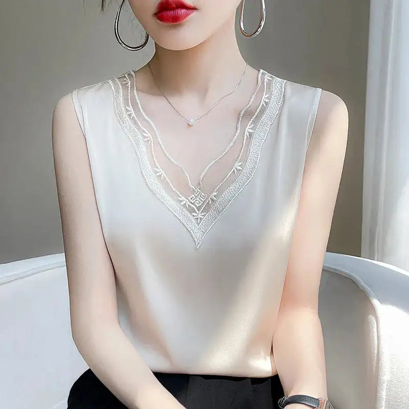 new woman clothing vest camis Tank top women's suit bottom lace lining 2024 summer new silk satin sleeveless top suspender vests - Lootquake