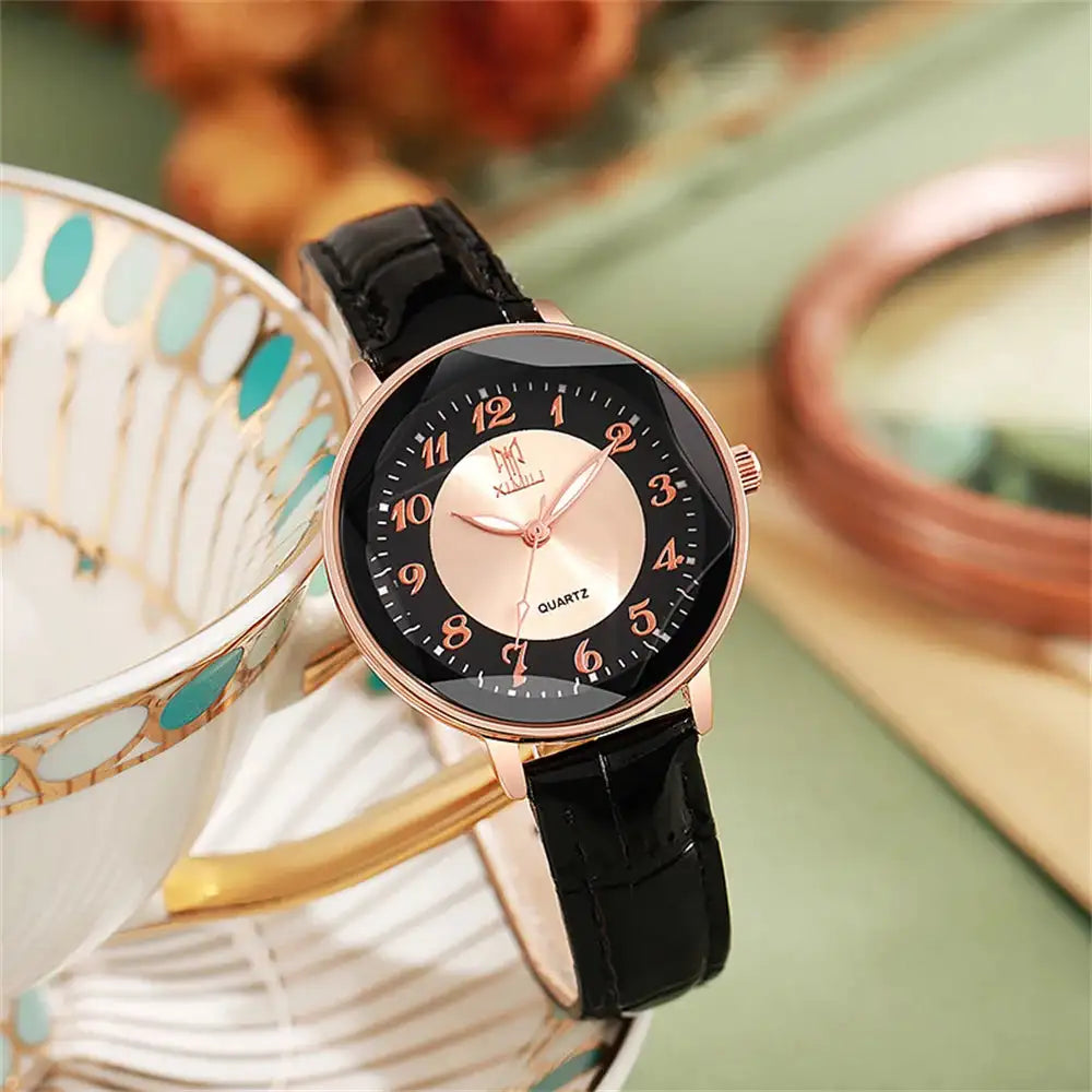 Women's Watch Simple Arabic Numerals Quartz Watch Fashionable Pink Leather Lady Business Clock Wristwatch - Lootquake