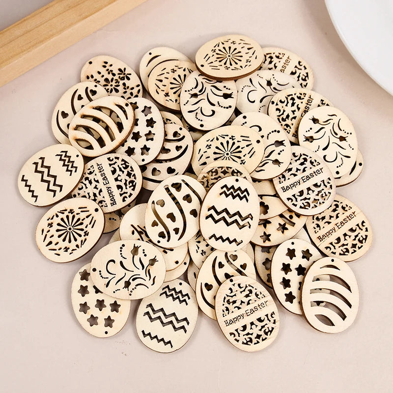 25/50Pcs Easter Eggs Wooden DIY Craft Hanging Ornaments Hollowed Wood Chips Happy Easter Party Decorations For Home Kids Gift - Lootquake