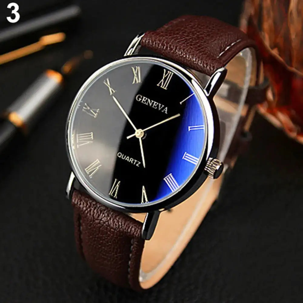 Men Watch Roman Numerals Blu-Ray Faux Leather Band Quartz Analog Business WristWatch 2022 - Lootquake
