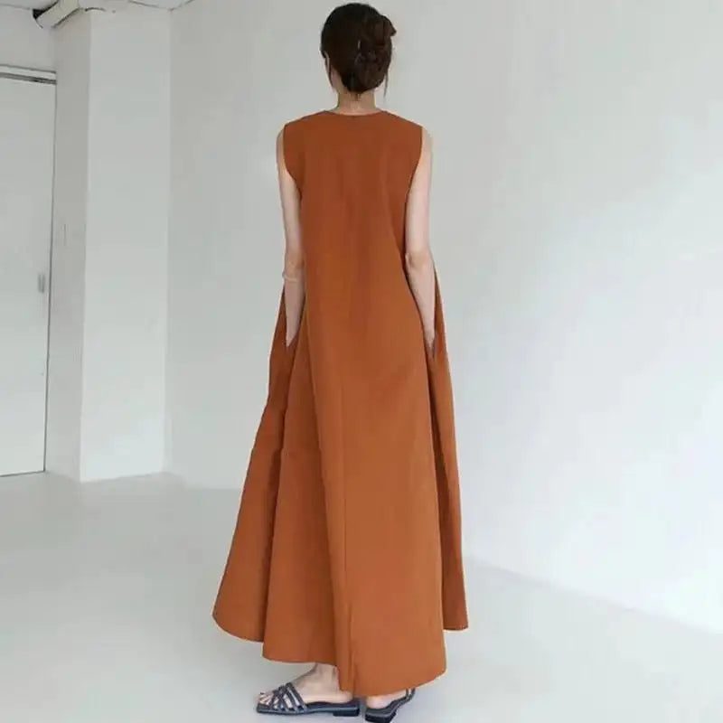 2022 Minimalist Chic Loose Swing Sleeveless Mid-length Casual Cotton Linen Long Dress Round Neck High Waist Women Runway Dress - Lootquake