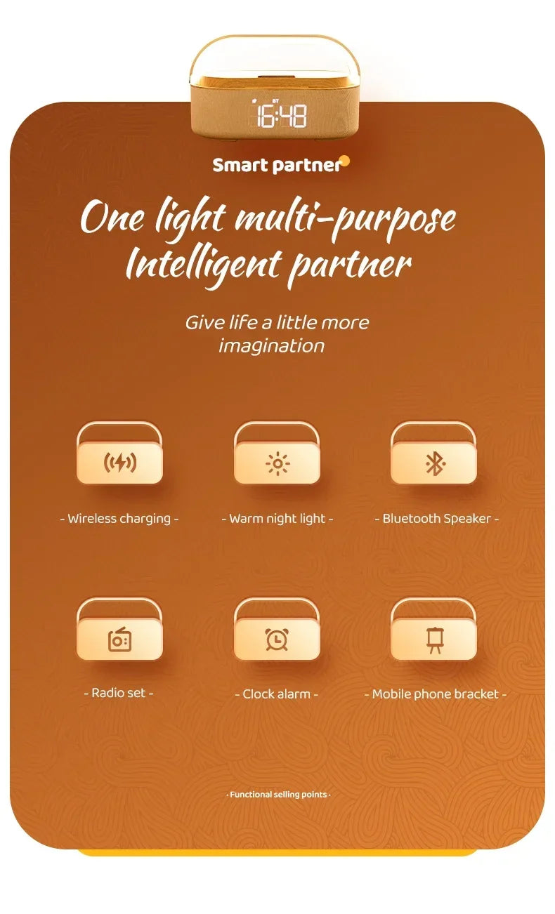 Altavoz Bluetooth, batería de 2500 mAh, compatible con carga inalámbrica de 15 W, reloj digital, pantalla, luz nocturna, despertador, estéreo Bluetooth.