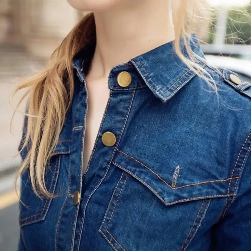 Vintage Button Up Jeans Dress Women Blue Lapel Denim Vestidos Winter Office Slim Long Sleeve Mid-Cuff Denim with Belt Long Dress - Lootquake