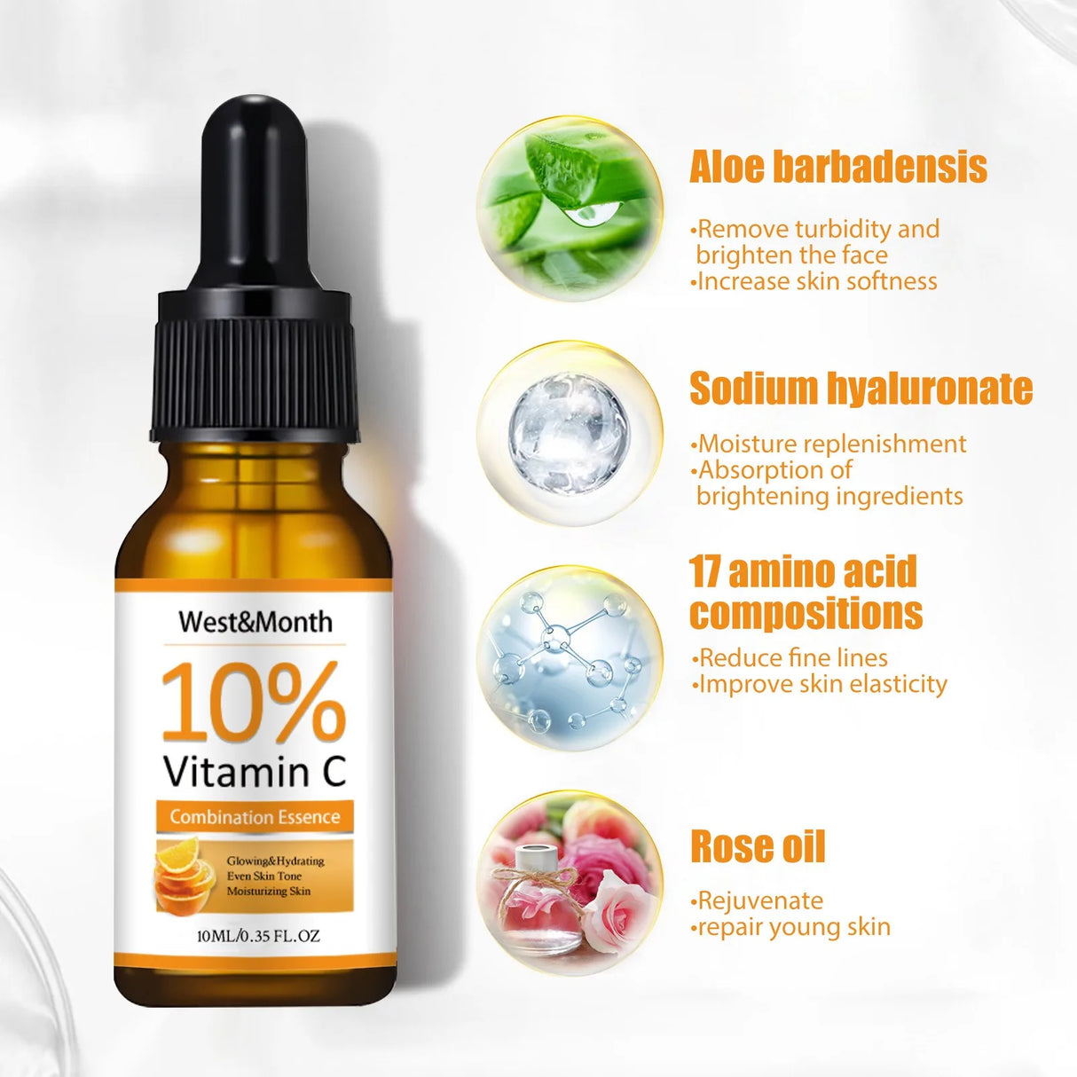 Suero de vitamina C para rostro, ácido hialurónico, aclara manchas oscuras, quemaduras solares, antioxidante, elimina arrugas, reduce los poros, cuidado de la piel.