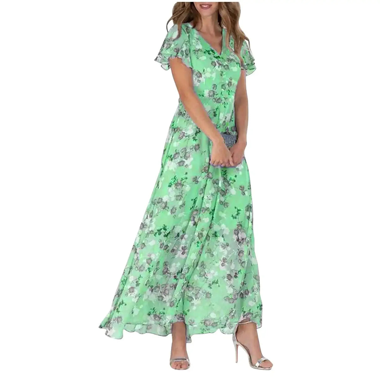 Vestidos Verano Moda 2024 Women's Swing Long Dress Chiffon Floral Short Sleeve Ruffle V Neck Fashion Waist Flowy Dress платье - Lootquake