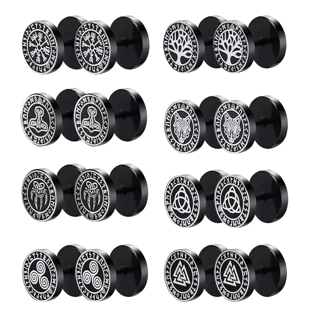 Gothic Norse Viking Runes Stud Earrings for Men Boys,Rock Punk Stainless Steel Valknut Wolf Head Compass Celtic Knot Earrings - Lootquake