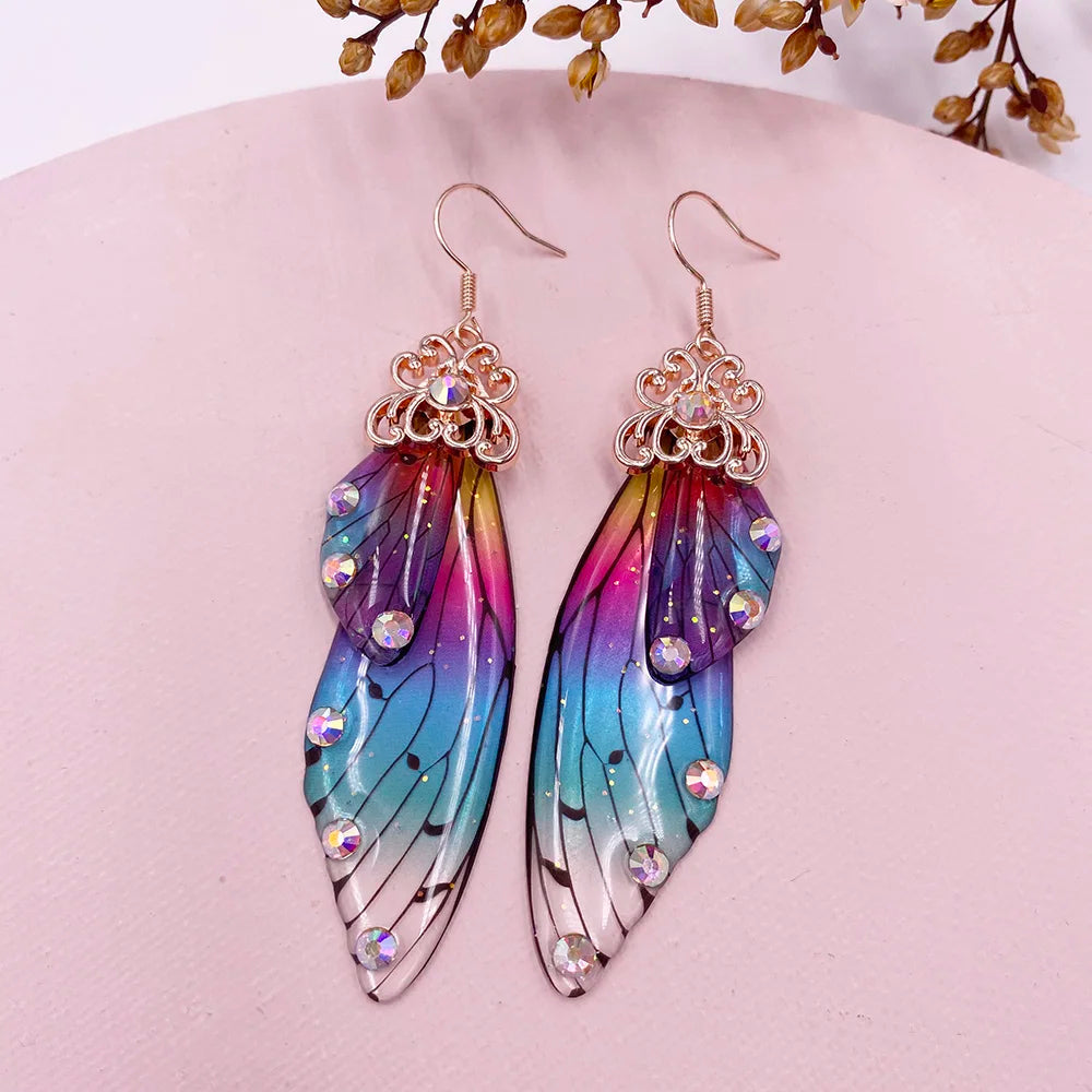 Boucles d'oreilles en forme d'ailes de fée faites à la main, en forme d'ailes de papillon, d'insectes, en forme de goutte, en feuille de strass, bijoux de mariée romantiques