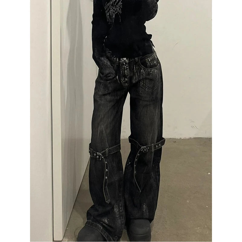 Black Women's Jeans High Waist Hip Hop Straight Fashion Pants Streetwear Harajuku Y2K Star 2024 Female Wide Leg Denim Trouser - Lootquake