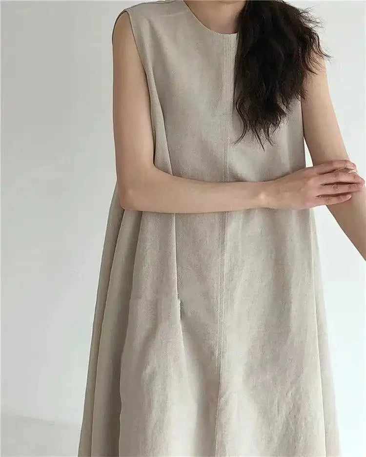 2022 Minimalist Chic Loose Swing Sleeveless Mid-length Casual Cotton Linen Long Dress Round Neck High Waist Women Runway Dress - Lootquake