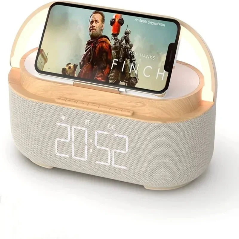 Altavoz Bluetooth, batería de 2500 mAh, compatible con carga inalámbrica de 15 W, reloj digital, pantalla, luz nocturna, despertador, estéreo Bluetooth.