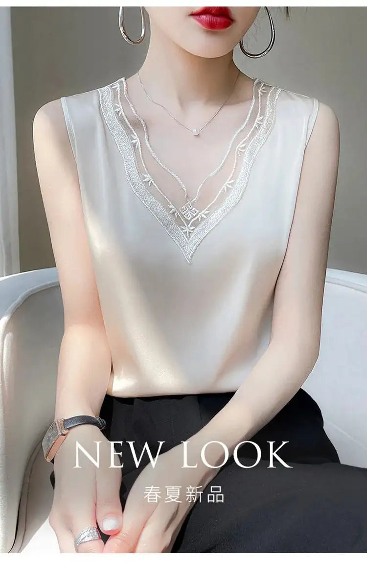 new woman clothing vest camis Tank top women's suit bottom lace lining 2024 summer new silk satin sleeveless top suspender vests