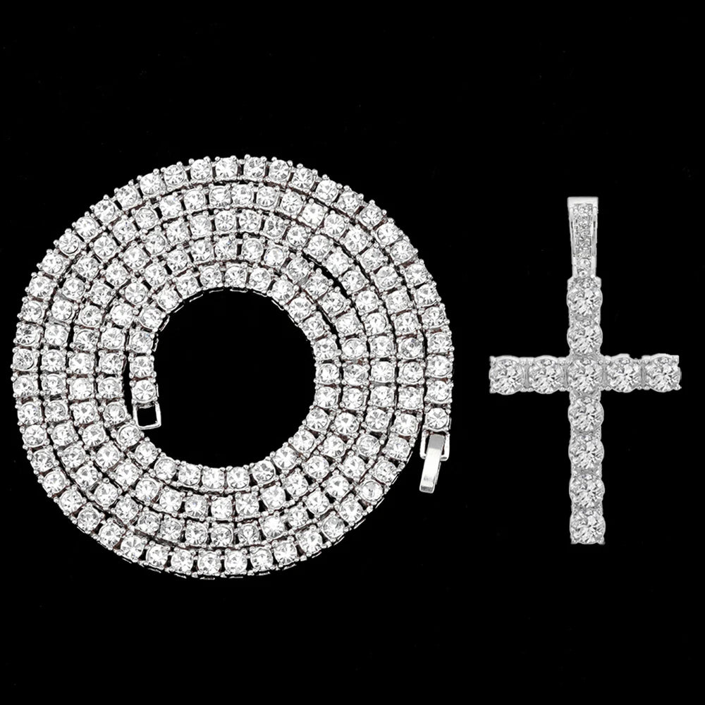 Hip Hop Cross Pendant Necklace Strap 4mm Zircon Tennis Chain Iced Out Sparkling Necklace Men Women Punk Jewelry Fashion Gift - Lootquake