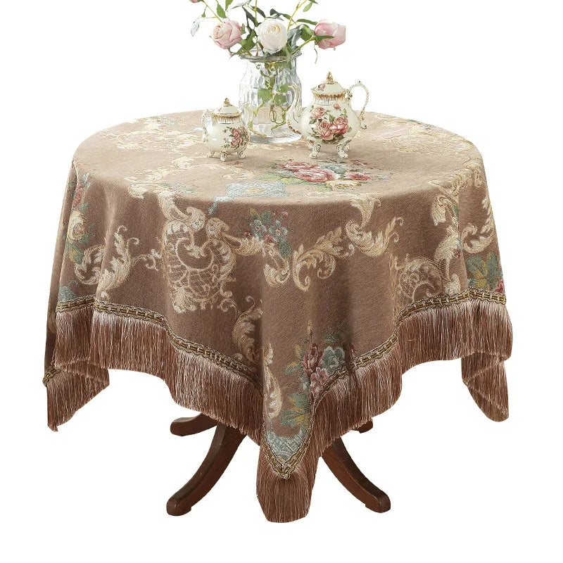 European Retro Style Jacquard Tablecloth Chenille Tassels Home Furnishings Living Room Decorate Dustproof Round Tablecloth