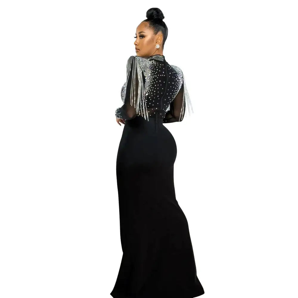 CM.YAYA Women Mesh See Through Long Sleeve Diamonds Hot Rhinestones Mermaid Long Dress Fall Evening Sexy Party Dresses Vestidos - Lootquake